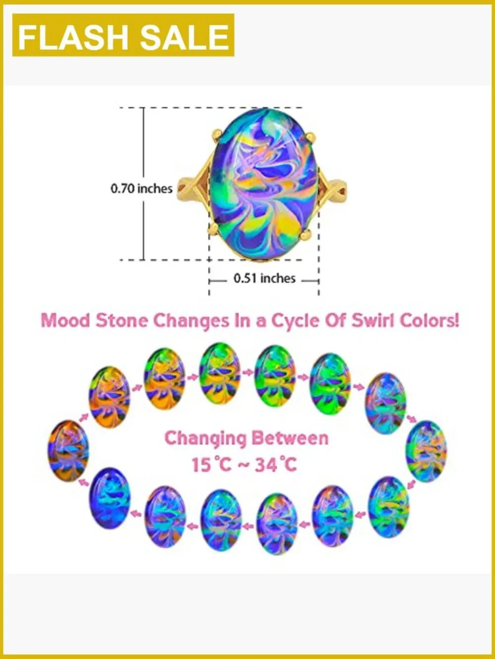 Swirl Color Change Mood Ring, 24K Gold Plated, Adjustable Oval Ring
